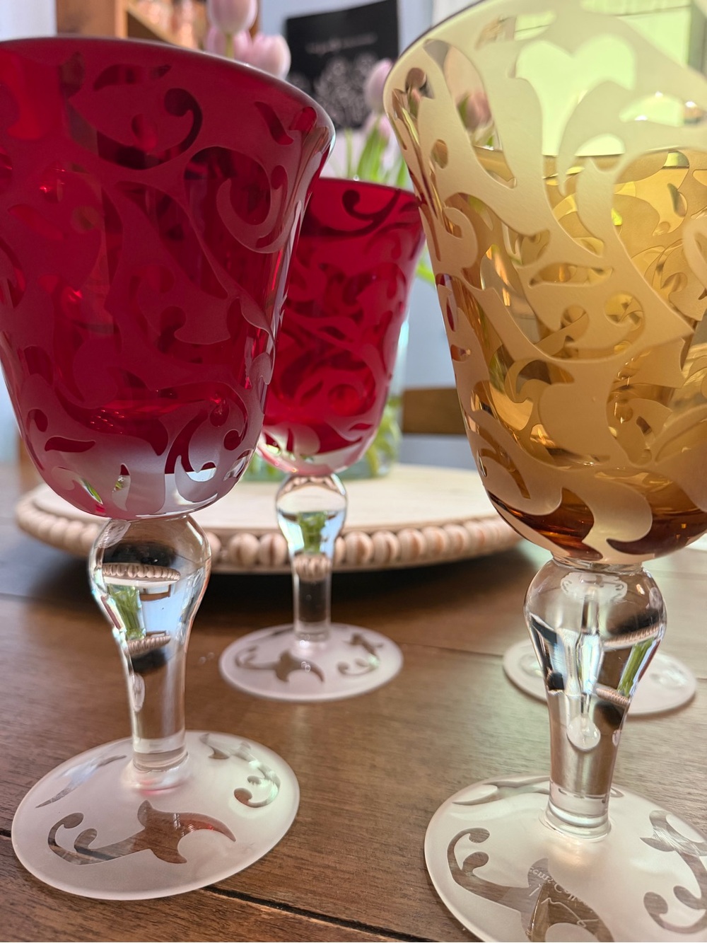Set of 4 Micheal Weems Collection Ruby Red and Amber Etched Wine Glasses 2001